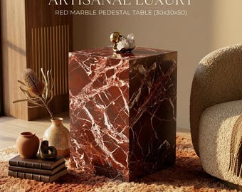 Rosso Levanto Red Marble Pedestal Side Table, Luxurious Accent Nightstand