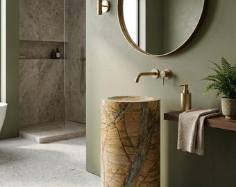 Lavabo a colonna in marmo marrone foresta pluviale, lavabo integrato in pietra naturale di lusso intagliato a mano.