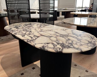 Calacatta Viola Marble Dining Table: Handmade Wooden Pedestal
