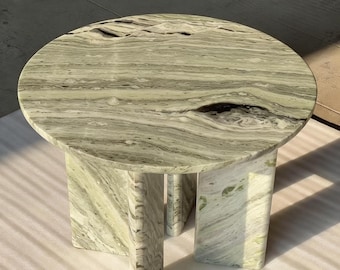 Tavolino da caffè rotondo in marmo verde chiaro fatto a mano / Arredamento moderno organico