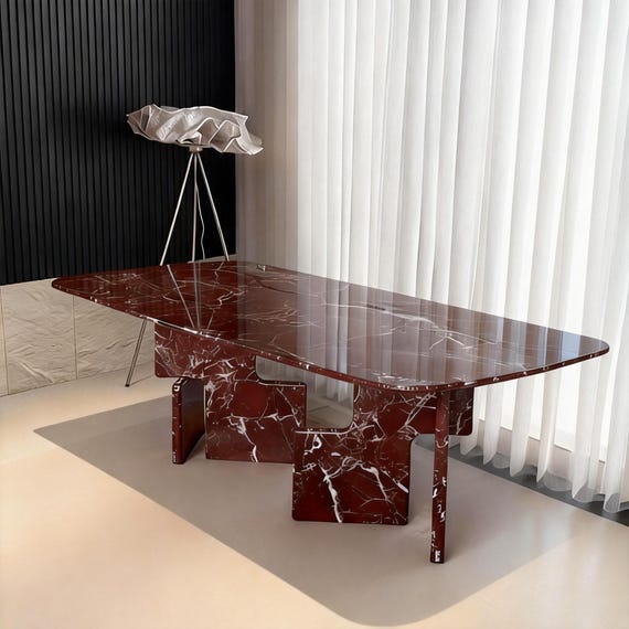 Handmade Rectangle Red Marble/ Travertine table, Geometric Cut-Out Base, Collectible Luxury Dining & Office Table