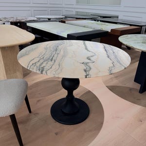 Modern Classic Natural Rosa Pink Cream Marble Round Dining table, Black Wooden Pedestal Base