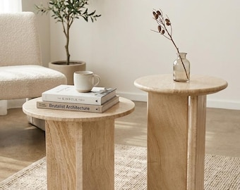 Natural Travertine Side Table Set, Minimalist Stone End Table, Wabi-Sabi Home, Handmade Luxury Gift