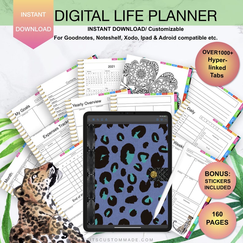 Leopard print undated digital life planner/ goodnotes, xodo, digital journal, iPad planner, tablet planner digital planner stickers image 1