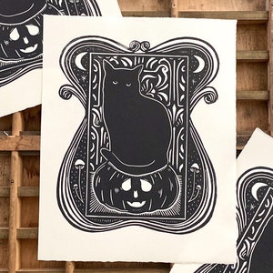 Halloween Cat Linocut Print | Halloween | Black Cat | Art Nouveau | Autumn | Relief Print