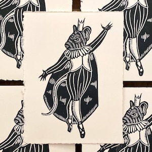 May include: Five black and white linocut prints of a mouse wearing a crown and a cape, dancing on pointe.