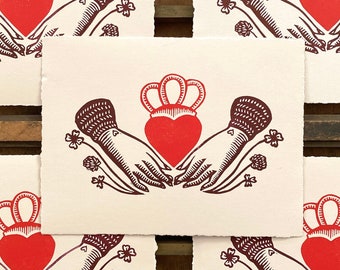 Claddagh Linocut Print | Heart in Hands | Irish | Love Loyalty Friendship | Good Luck | Handmade Print | Relief Print