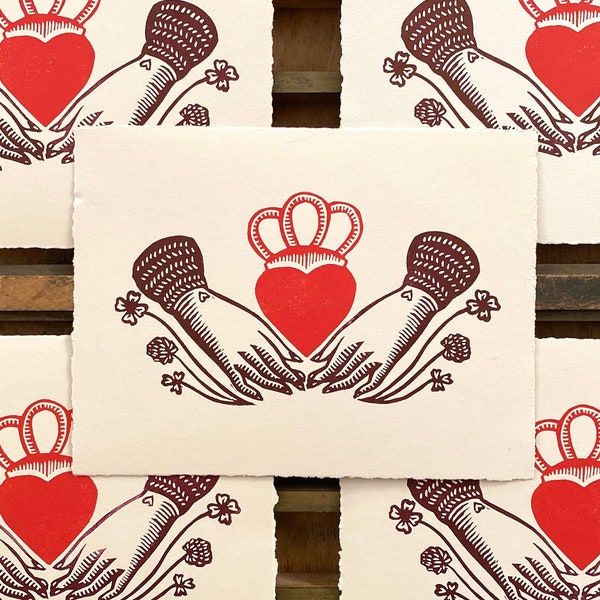 Claddagh Linocut Print | Heart in Hands | Irish | Love Loyalty Friendship | Good Luck | Handmade Print | Relief Print