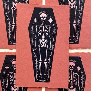 Folk Art Skeleton Coffin Relief Print| Halloween Decor | Memento Mori | Gallery Wall | Tattoo Flash Art | Handmade Linocut | Block Print