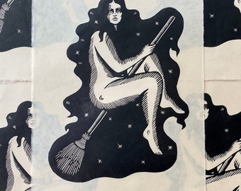 Night Flight Witch Linocut Block Print | Dark Art | Halloween Art | Art Nouveau | Mystical | Magical | Relief Print