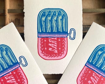 Sardine Can Handmade Linocut Print | Tinned Fish | Mediterranean | Kitchen Gift | Gallery Wall