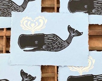 Friendly Whale Linocut | Block Print | Sperm Whale | Moby Dick | Ocean Life | Relief Print