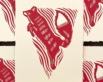 Handmade Leaping Fox Linocut Print | Nature Art | Winter Woodland | Relief Print | Gallery Wall