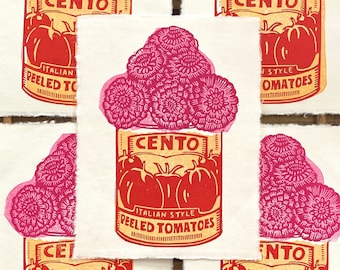 Impresión en relieve floral de lata de tomate / Zinnias / Tomate enlatado / Comida de verano / Cottagecore / Regalo de cocina / Impresión en bloque Linocut