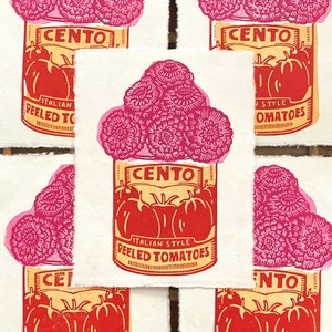 Tomato Can Floral Relief Print | Zinnias | Tinned Tomato | Summer Food | Cottagecore | Kitchen Gift | Linocut Block Print