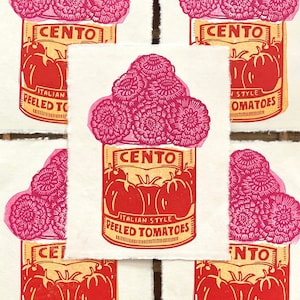 Handmade Tomato Can Floral Relief Print | Zinnias | Tinned Tomato | Whimsical | Gallery Wall | Cottagecore | Kitchen Gift | Linocut Print