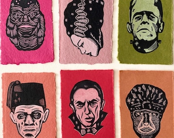Classic Monster Linocut Prints | Frankenstein | Bride of Frankenstein | Creature from the Black Lagoon | Dracula | Classic Horror
