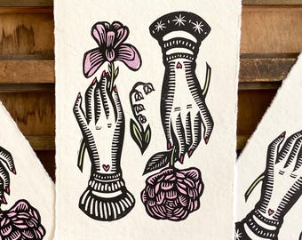 Peony and Iris Victorian Hands Floral Handmade Linocut Print | Mother's Day | Gallery Wall | Botanical