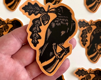 Raven and Acorn Linocut Style Sticker | Autumn | Unique Water Bottle Laptop Sticker | Bird Art