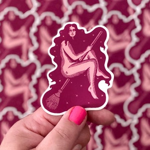 A pink and purple vinyl sticker featuring a witch riding a broomstick