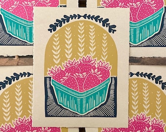 Berry Basket Multicolor Relief Print | Strawberry | Summer Food | Cottagecore | Kitchen Gift | Linocut Block Print
