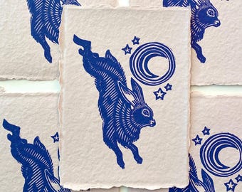 Leaping Hare Handmade Linocut Print | Gallery Wall | Celestial Whimsigoth | Relief Print