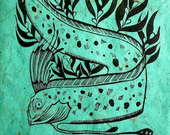Giant Oarfish Handmade Linocut Print | Fish | Sea Serpent | Ocean Art