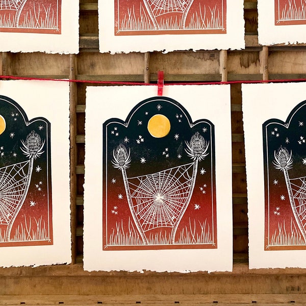 Twilight Block Print - Teasel Botanical Autumn Sunset Full Moon Linocut Relief Print