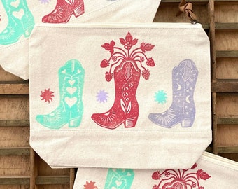 Cowboy Boot Trio Block Printed Canvas Zipper Pouch | Cowgirl | Celestial | Strawberry | Country Western | Handmade Block Print Cosmetic Bag