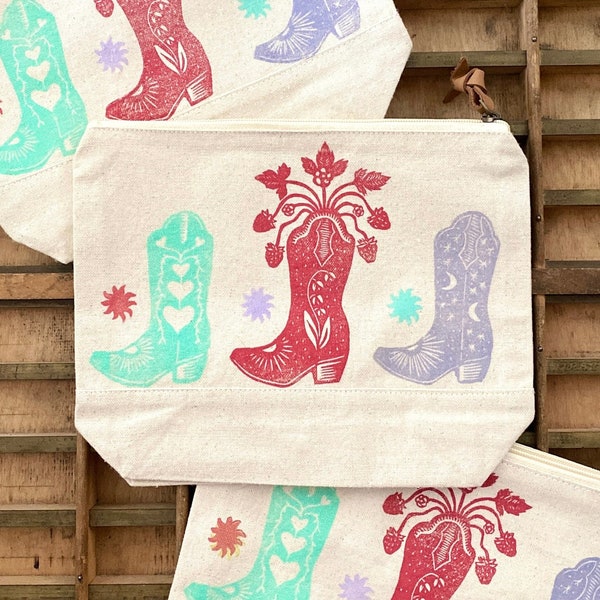 Cowboy Boot Trio Block Printed Canvas Zipper Pouch | Cowgirl | Celestial | Strawberry | Country Western | Handmade Block Print Cosmetic Bag