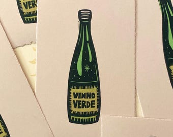 Vinho Verde Wine Mini Linocut Print | Wine Gift | Summer Foods | Kitchen Art | Quirky Cute Mini Print | Gallery Wall | Relief Print