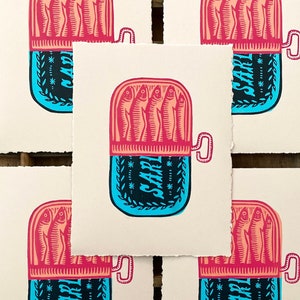 Sardine Can Relief Print | Tinned Fish | Mediterranean | Summer Food | Kitchen Art | Linocut Block Print