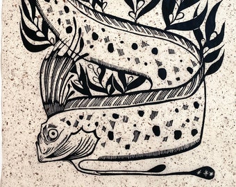 Giant Oarfish Linocut Print | Fish | Sea Serpent | Block Print | Relief Print