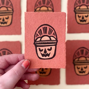 Halloween Treat Bucket Mini Linocut Print | Pumpkin | Jack-o-Lantern | Halloween Nostalgia | Gallery Wall | Mini Print | Handmade Art