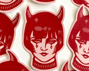Devil Girl Linocut Style Sticker | Tattoo Art | Unique Water Bottle Laptop Sticker