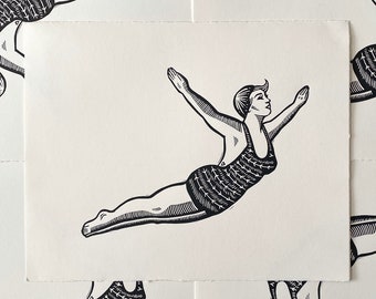 Freefall Vintage Diver Linocut Block Print - Summer Retro Swimmer Relief Print