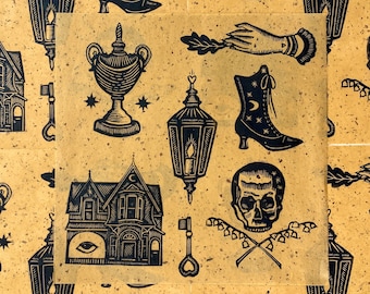 Haunted Victorian Flash Block Print | Haunted House | Tattoo Flash | Victorian Goth | Romantic | Linocut | Relief Print