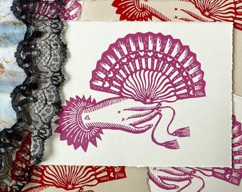 Victorian Hands Fan Block Print - Botanical Floral Good Luck Love Friendship Linocut Relief Prints