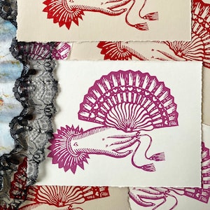 Victorian Hands Fan Block Print - Botanical Floral Good Luck Love Friendship Linocut Relief Prints