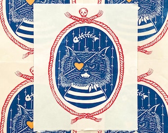 Ahoy! Pirate Cat Linocut Print | Whimsical | Animal Art | Gallery Wall | Quirky Art | Persian Cat | Cat Art | Relief Print
