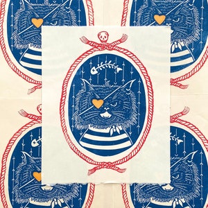 Ahoy! Pirate Cat Linocut Print | Whimsical Animal Art | Gallery Wall | Persian Cat | Relief Print