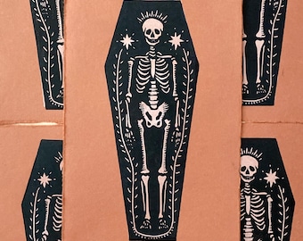 Handmade Folk Art Skeleton Coffin Linocut Print | Halloween | Memento Mori | Gallery Wall | Tattoo Flash