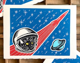 To The Moon Astronaut Cat Linocut Print | Soviet Space Race | Mid Century | Whimsical Art