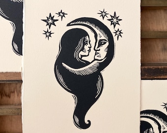 Handmade Woman and Moon Linocut Print | Relief Print | Relief Print | Victorian Art | Gothic Romance | Halloween Art | Gallery Wall