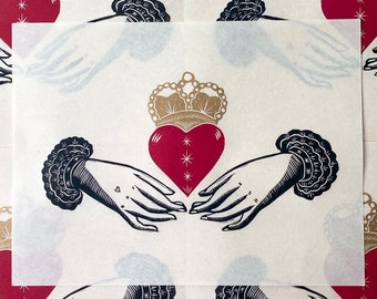Claddagh Linocut Print | Heart in Hands | Irish | Love Loyalty Friendship | Handmade Print | Relief Print