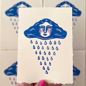 April Showers Raincloud Block Print | Whimsical | Cottagecore | Linocut | Handmade Relief Print