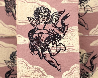 Cupid Hand Printed Relief Print | Handmade Print | Victorian | Cherub | Celestial | Valentine's Day | Linocut Block Print