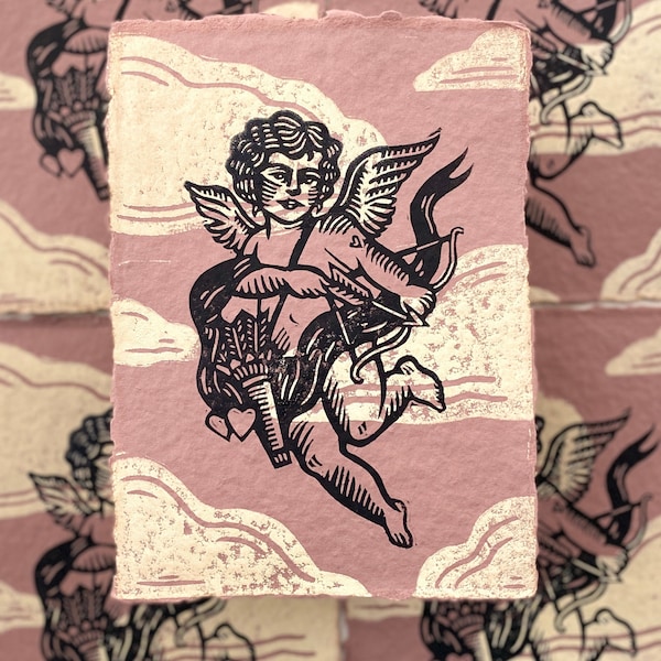 Cupid Hand Printed Relief Print | Handmade Print | Victorian | Cherub | Celestial | Valentine's Day | Linocut Block Print