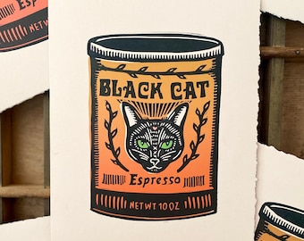 Handmade Linocut Print | Black Cat Espresso | Coffee Art | Gallery Wall | Relief Print | Food Art | Cat Art | Kitchen Art | Block Print