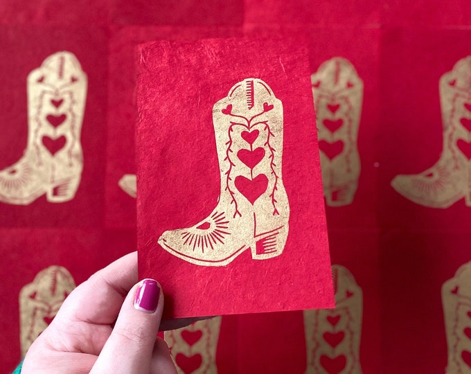 Cute Heart Cowboy Boot Mini Block Print | Relief Print | Cute Shoes ...